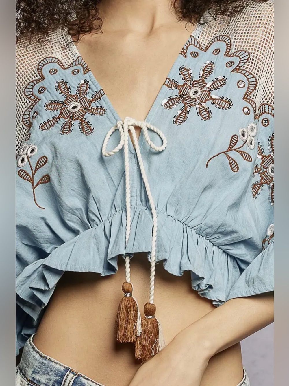 POL Light Blue Embroidered Tie-Front Crop Top - Picture 6 of 7